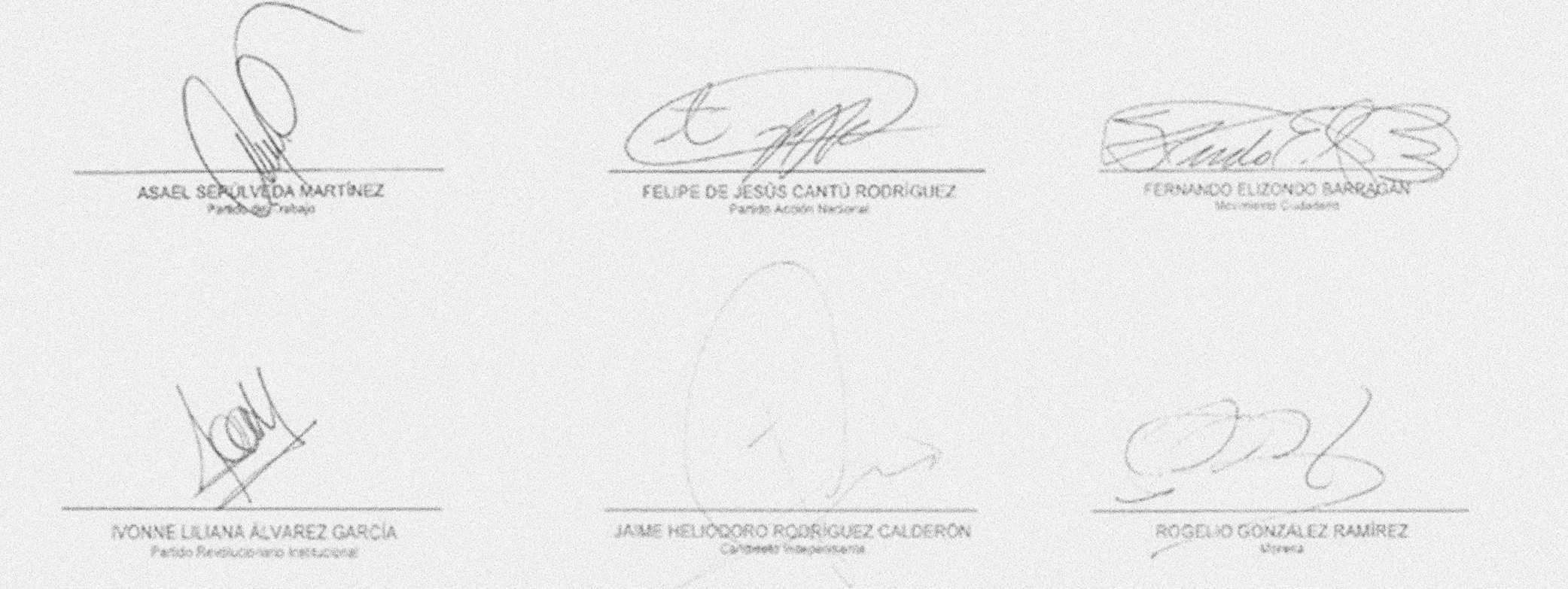 Foto de seis diferentes firmas de individuos en un documento en blanco y negro.