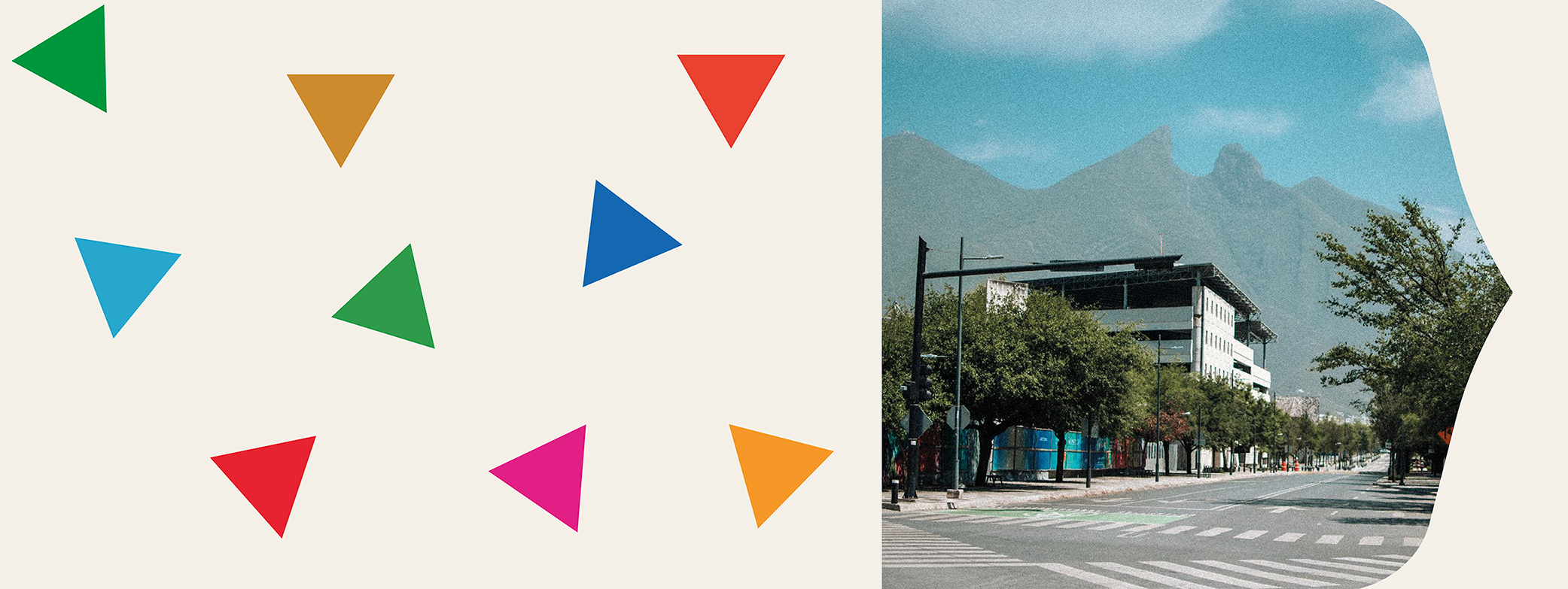 Una calle de la ciudad con montañas al fondo, a la derecha; a la izquierda, triángulos coloridos están dispersos sobre un fondo color crema.