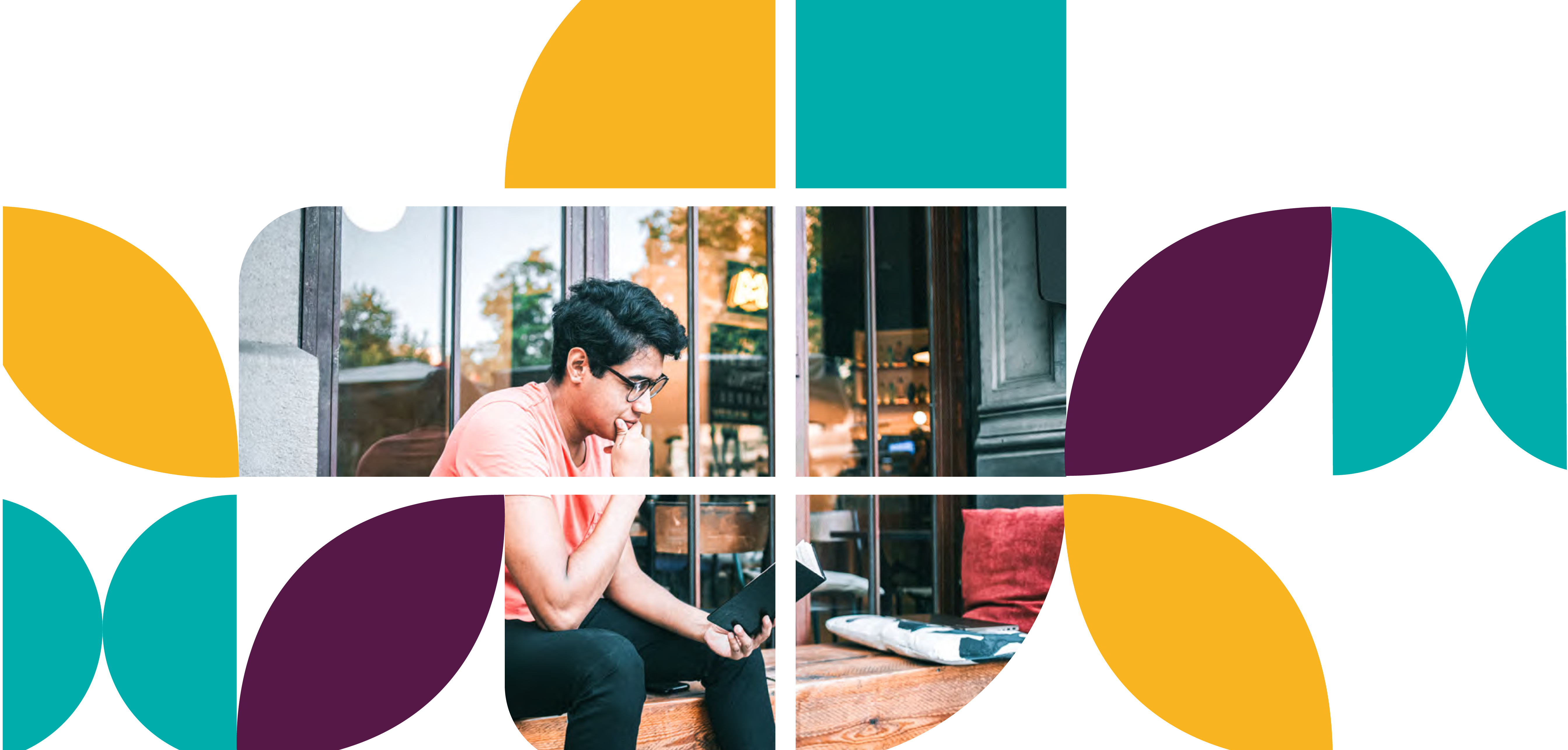 Hombre leyendo un libro, con marcos decorativos de figuras abstractas en verde, amarillo y morado.