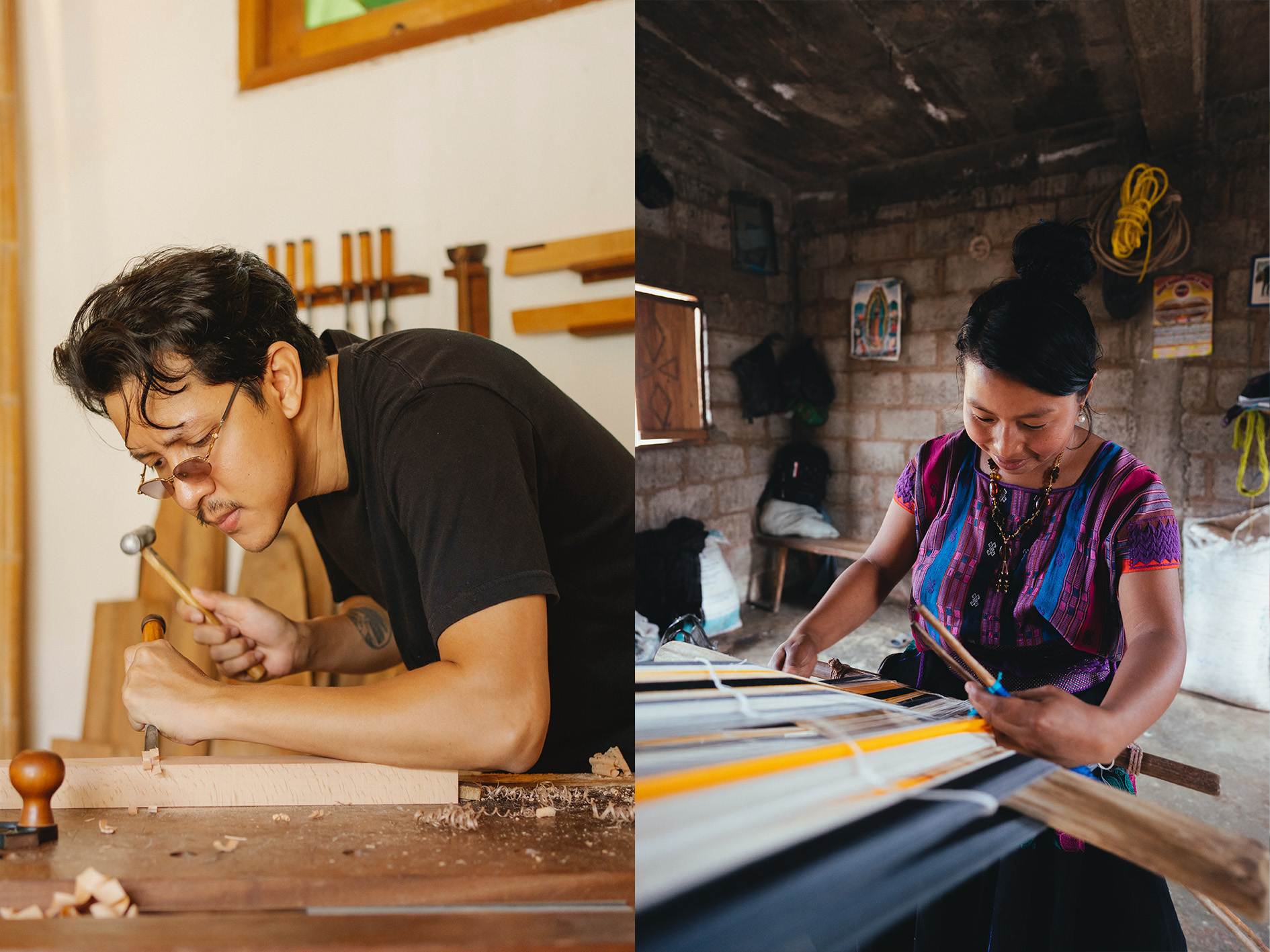 Una imagen dividida que muestra a un joven artesano tallando madera a la izquierda y a una mujer tejiendo en un telar en un entorno rústico a la derecha.